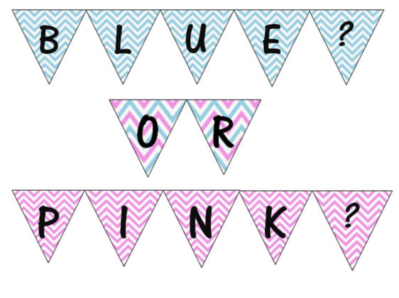 blue or pink banner. There are 3 rows of triangular banners. The top one says blue, the middle says or, the bottom says pink.