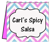 This is an image of a food tent. It's a quarter sheet of paper folded in half standing up. It is blue, pink, and white in a chevron pattern. There are the words Carl's Spicy Salsa on top.