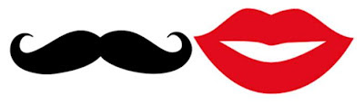 This is an image of a black mustache and a pair of bright red lips. They're drawings - not real.