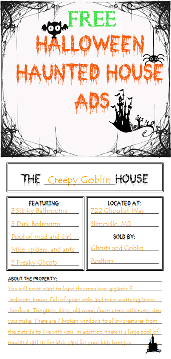 Free Halloween Haunted House Ads. Perfect easy lesson for Elementary school reading and Elementary school writing. Easy free Halloween worksheet for kids. Free Halloween lesson for kids. Free sub plans worksheet for the fall.