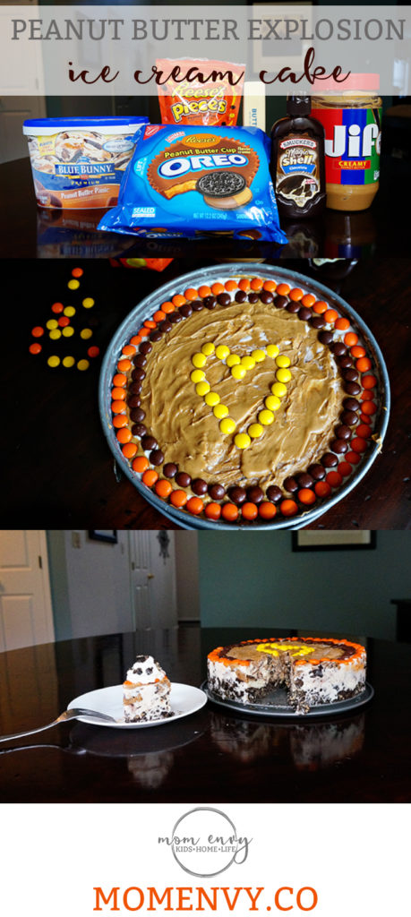 Peanut Butter Ice Cream Cake from Mom Envy. Easy recipe. Easy dessert recipe. Reeses recipe. Easy ice cream cake. Chocolate and reeses ice cream cake. Reeses ice cream cake. Reeses dessert. Easy ice cream cake.