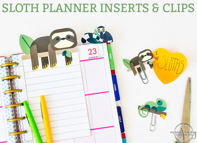 Sloth planner inserts and clips. Download free #sloth planner inserts that fit with any size planner. Three planner clips - sloth clip, #chameleon clip, and #lemur planner clip. #happyplanner #freeplannerprintables #plannerclips #planning