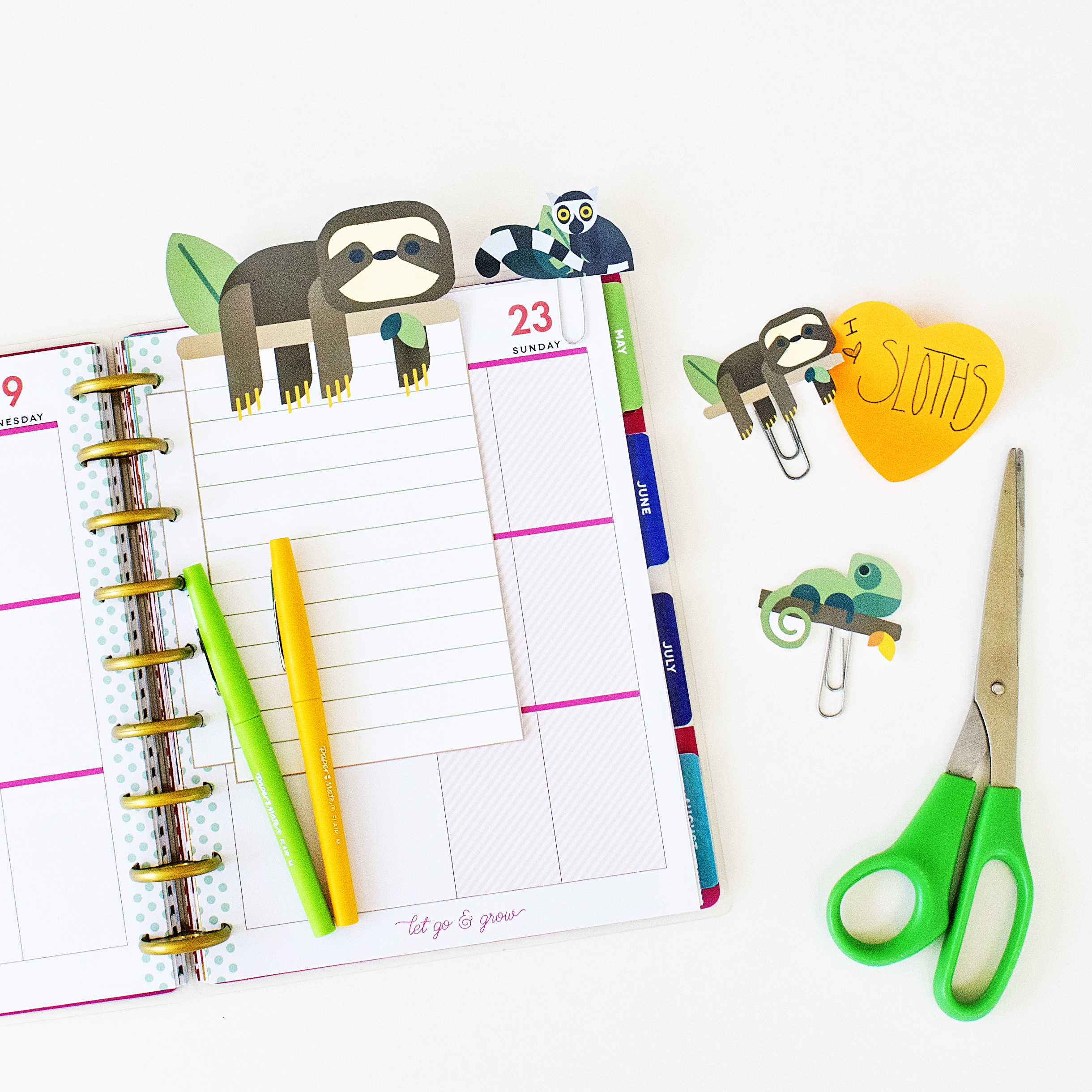 Sloth planner inserts and clips. Download FREE #sloth planner inserts that fit with any size planner. Three planner clips - sloth clip, #chameleon clip, and #lemur planner clip. #happyplanner #freeplannerprintables #plannerclips #planning