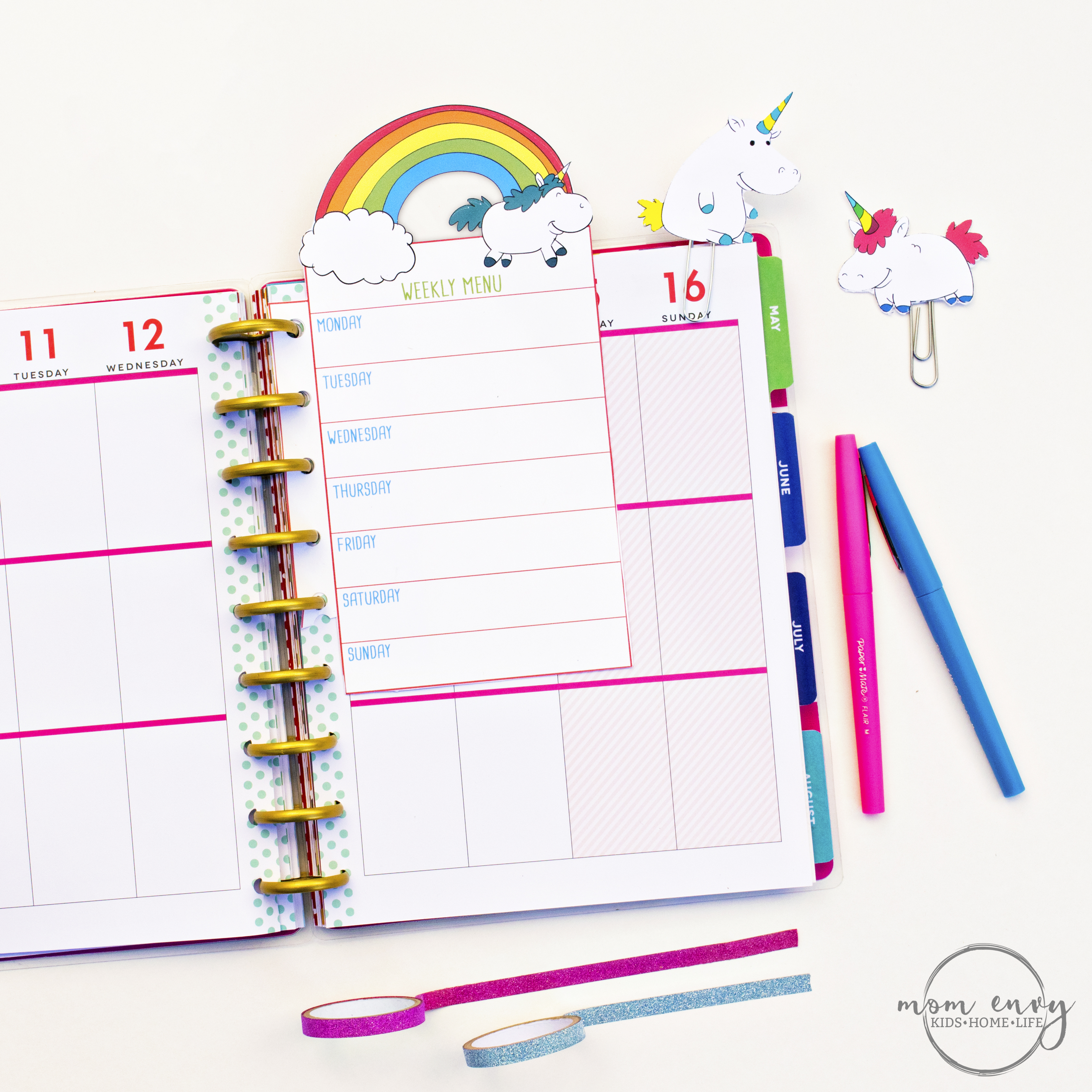 FREE Unicorn planner inserts and clips. Download a set of 5 different #unicorn planner inserts and two different unicorn planner clips. They come in three sizes to be used in any planner. #happyplanner #plannerprintables #freeplannerprintables #freeprintables