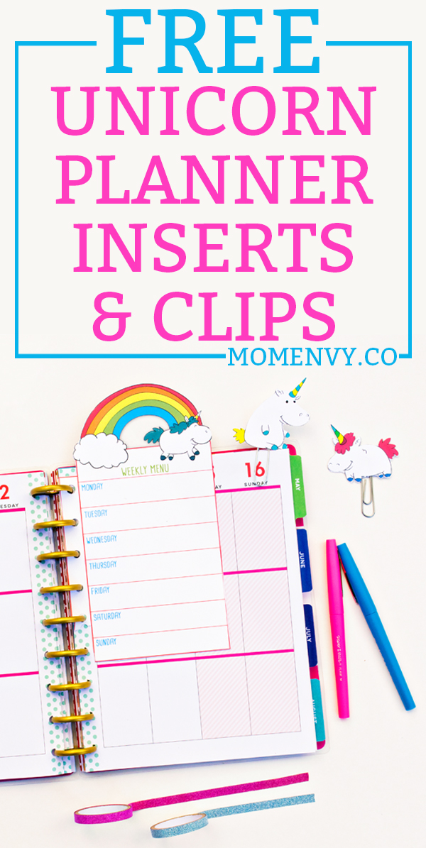 FREE Unicorn planner inserts and clips. Download a set of 5 different #unicorn planner inserts and two different unicorn planner clips. They come in three sizes to be used in any planner. #happyplanner #plannerprintables #freeplannerprintables #freeprintables