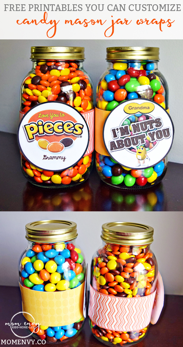 Candy Mason Jar Gifts Free Printables you can customize from momenvy.co. Reeses Pieces and Peanut M & M themed mason jar wraps. Gift ideas for Mother's Day, Father's Day, Birthdays, Christmas, Neighbhors, teachers, and more. Free printables. Free gifts. Gift ideas. 