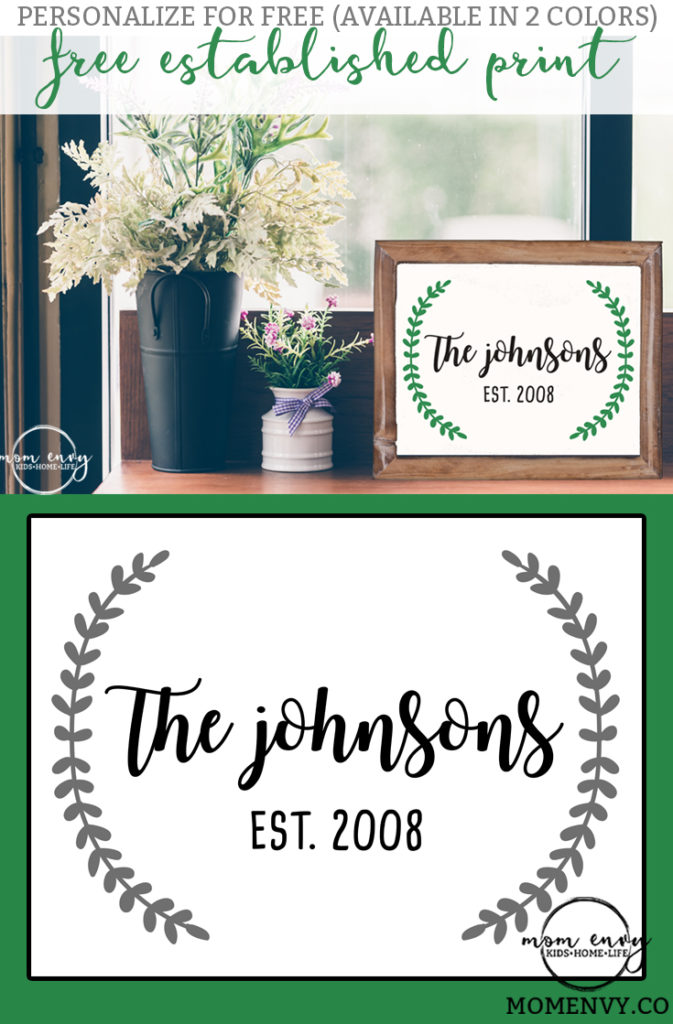 Farmhouse Inspired Established Print from Mom Envy. Farmhouse style. Free farmhouse. Free printables. Free prints. Fixer Upper style. Magnolia style. Established wreath. Completely customizable.