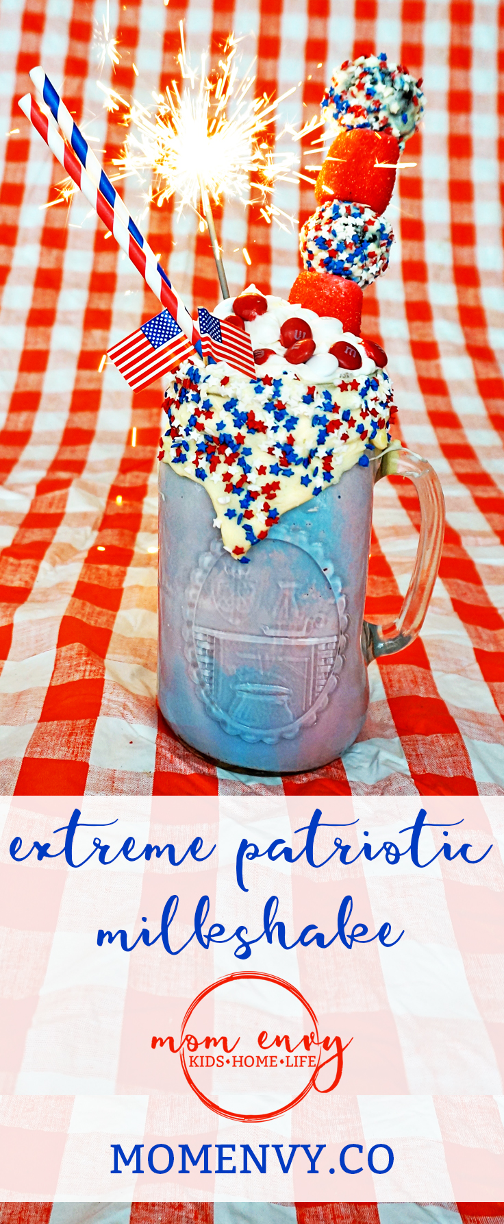 Memorial Day Milkshake. Extreme Patriotic Milkshake. Fourth of July Milkshake. Labor Day Milkshake. Red, white, and blue milkshake. Memorial Day dessert recipe. Fourth of July dessert recipe. Labor day dessert recipe. Red, White, and Blue recipe. Mom Envy. 