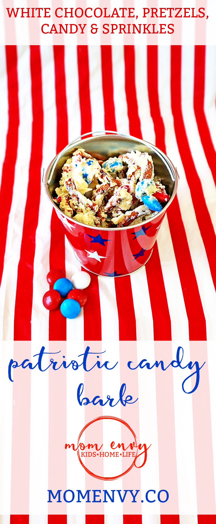 White Chocolate Pretzel Bark. Patriotic dessert. Candy bark. Patriotic Bark. Candy Bark. Mom Envy.