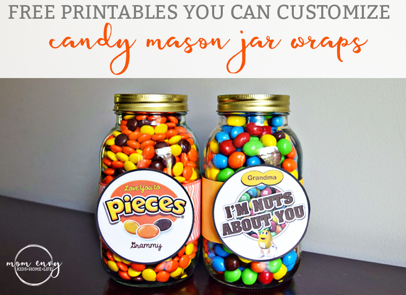 Candy Mason Jar Gifts Reeses Pieces and Peanut M & Ms from Mom Envy Free Printables you Can Customize