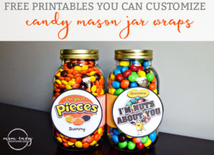 Candy Mason Jar Wraps Reeses Pieces and Peanut M & Ms from Mom Envy Free Printables you Can Customize