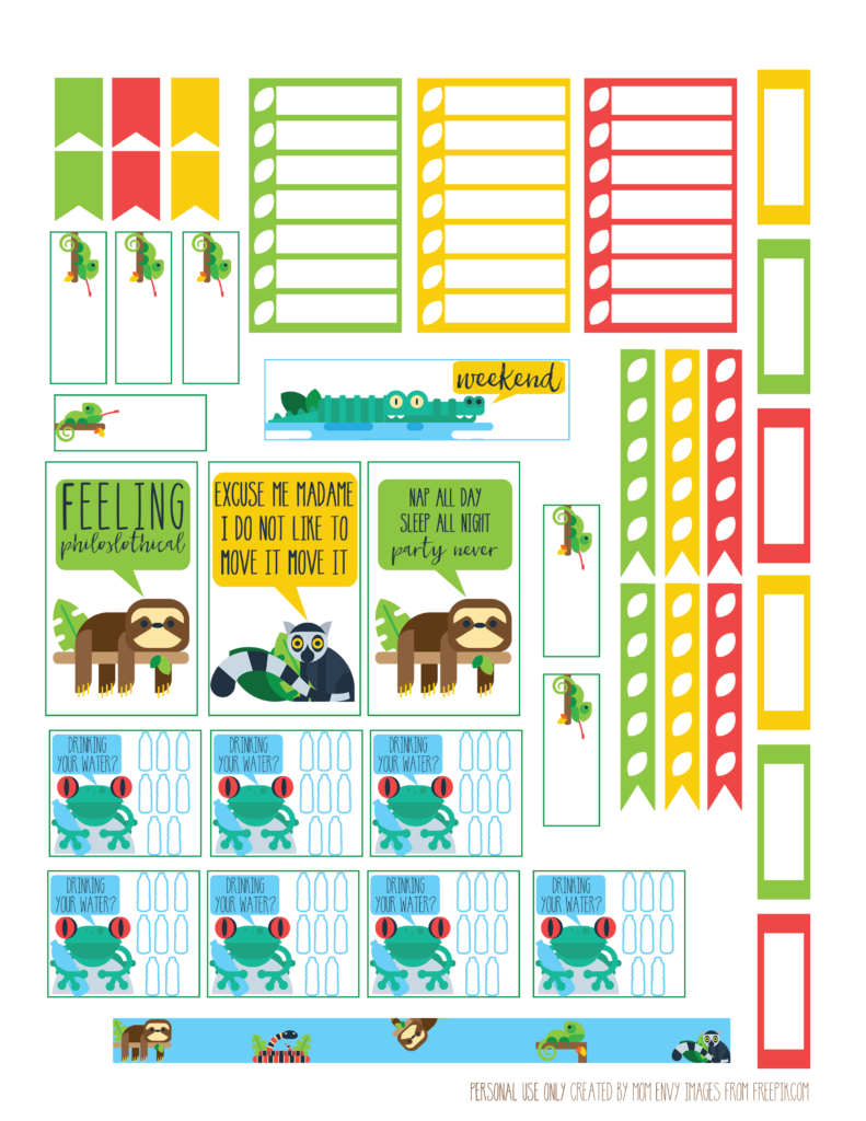 Sloth and Tropical Animals Planner Stickers from Free Mom Envy. Available in mini, classic, and big sizes. PDF, JPEG, and Silhouette files included. Free silhouette files. Happy Planner. Free planner printables. Free planner stickers. Free sloth planner stickers. Chamelon, lemur, alligator, frog, and snake planner stickers. Free happy planner stickers.