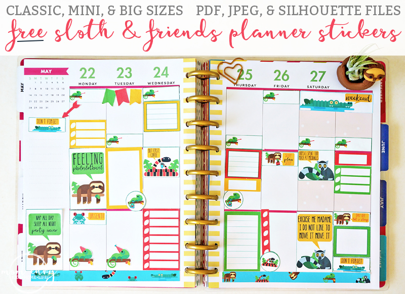 Sloth and Tropical Animals Planner Stickers from Free Mom Envy. Available in mini, classic, and big sizes. PDF, JPEG, and Silhouette files included. Free silhouette files. Happy Planner. Free planner printables. Free planner stickers. Free sloth planner stickers. Chamelon, lemur, alligator, frog, and snake planner stickers. Free happy planner stickers.