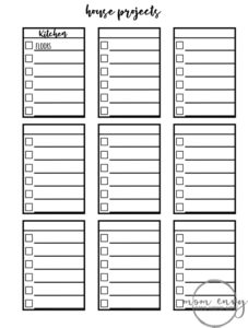 Bullet Journal Inspired Free Printables from Mom Envy. House projects bullet journal printable and a free task sheet printable. Available in A5 size, Standard letter size, and Happy Planners.