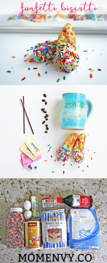 Funfetti Biscotti Mom Envy. Add a little fun to your coffee and tea bar. Perfect recipe for a baby shower, wedding shower, or afternoon tea. Great brunch recipe. It would add a fun element to any coffee bar.