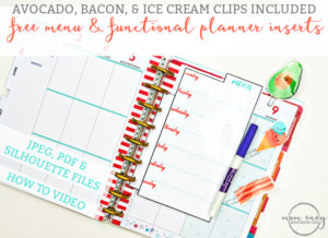 Free Planner Inserts and Planner Clips. Free cute food planner clips. Avocado, Bacon, and Ice Cream planner clips. To do planner insert. Menu planner insert. Shopping list planner insert.