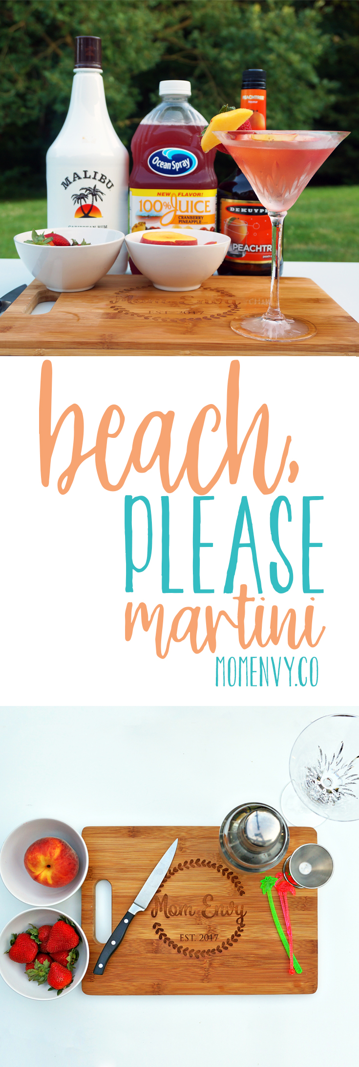 Beach, Please Martini from Mom Envy. Try this super easy cocktail recipe perfect for summer. Summer cocktail. Easy cocktail. Simple cocktail. Fruity cocktail. Fruity Martini. Summer martini. Easy Martini. Summer drink. Easy drink. Malibu Rum. Peach Schnapps. 