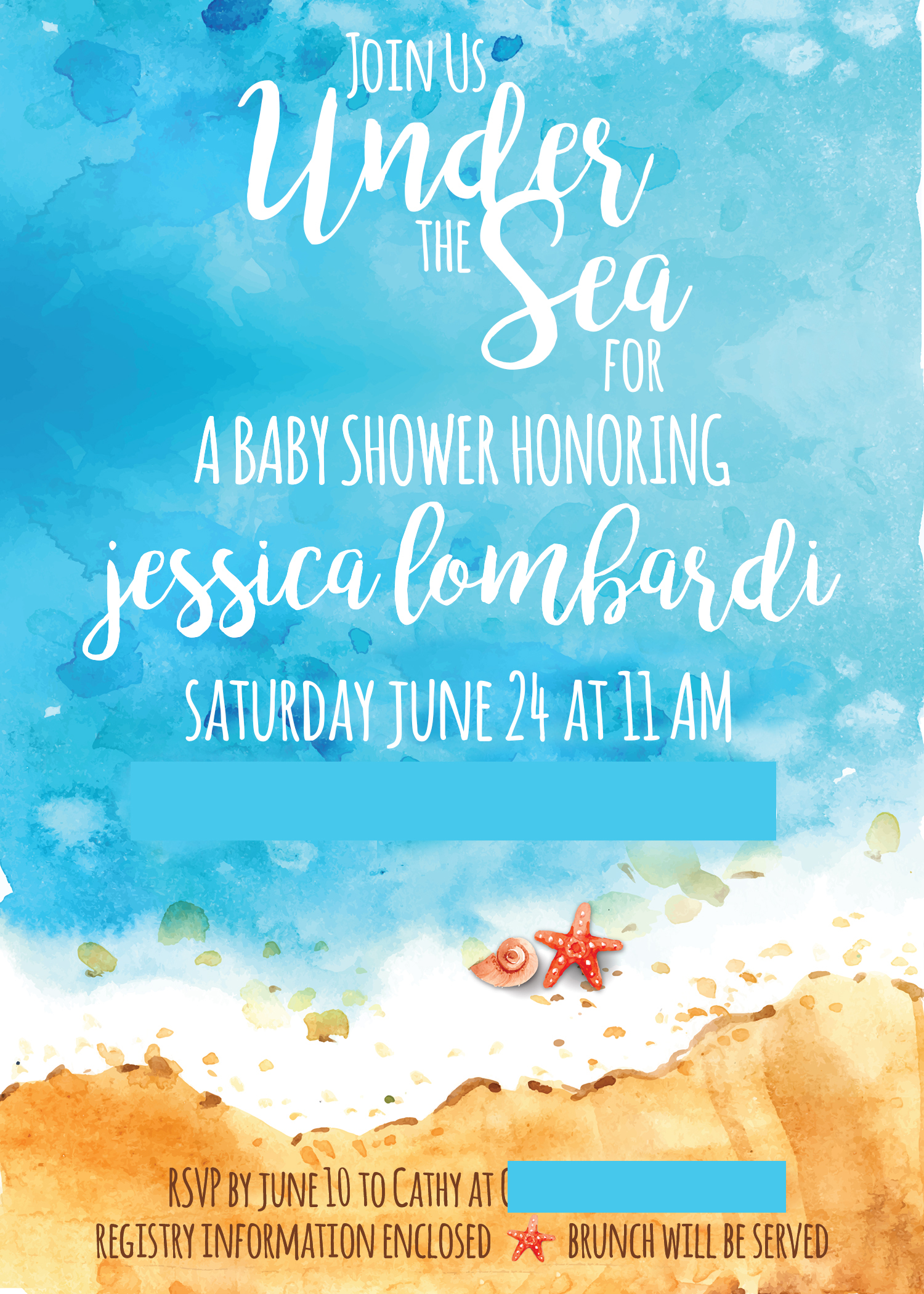 Under the Sea Baby Shower. Beach baby shower invitation. Check out the details of this beach themed baby shower. Lots of beachy shower ideas. Beach themed party favors. Bhower recipe ideas. Easy brunch ideas. Whale cake. from https://momenvy.co