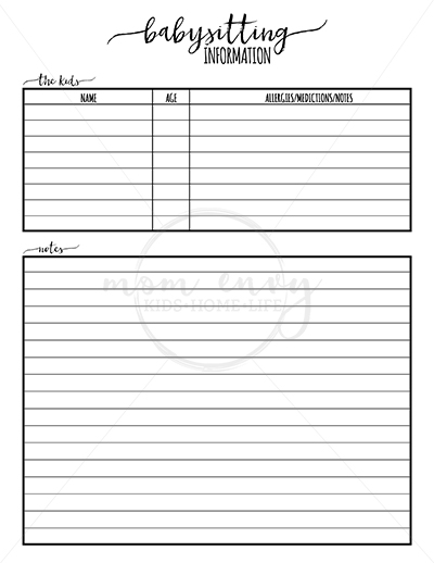 Babysitter forms - download these free babysitter forms as part of the parent starter pack. You'll find everything you need to track important details about your children.