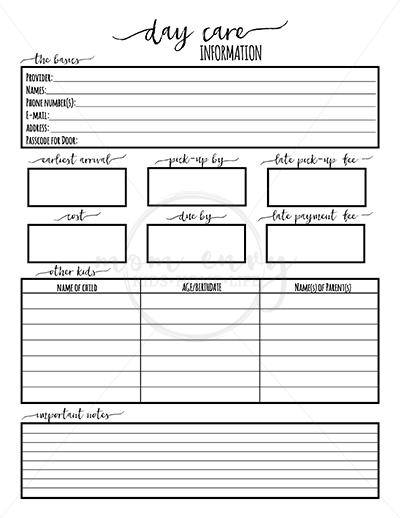 Daycare forms - download this set of free daycare informational forms. Don't be caught scrambling for info about your daycare - especially when you need someone else to take your child to daycare one day.