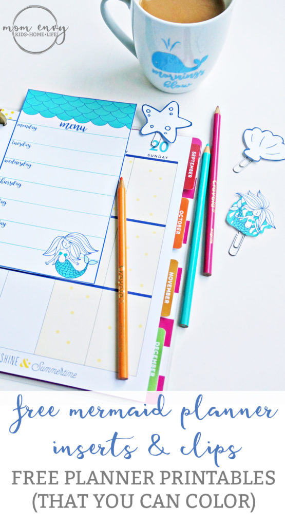 Mermaid Planner Inserts and Clips from Mom Envy. Free Printable mermaid planner accessories. Free mermaid planner inserts and free mermaid planer clips available in PDF, JPEG, and Silhouette Files. Free planner printables ready to download. 