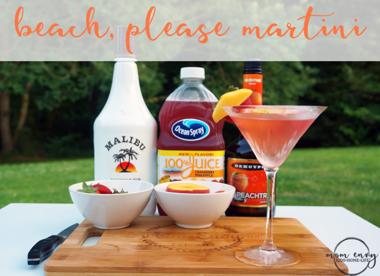 Beach, Please Martini from Mom Envy. Try this super easy cocktail recipe perfect for summer. Summer cocktail. Easy cocktail. Simple cocktail. Fruity cocktail. Fruity Martini. Summer martini. Easy Martini. Summer drink. Easy drink. Malibu Rum. Peach Schnapps.
