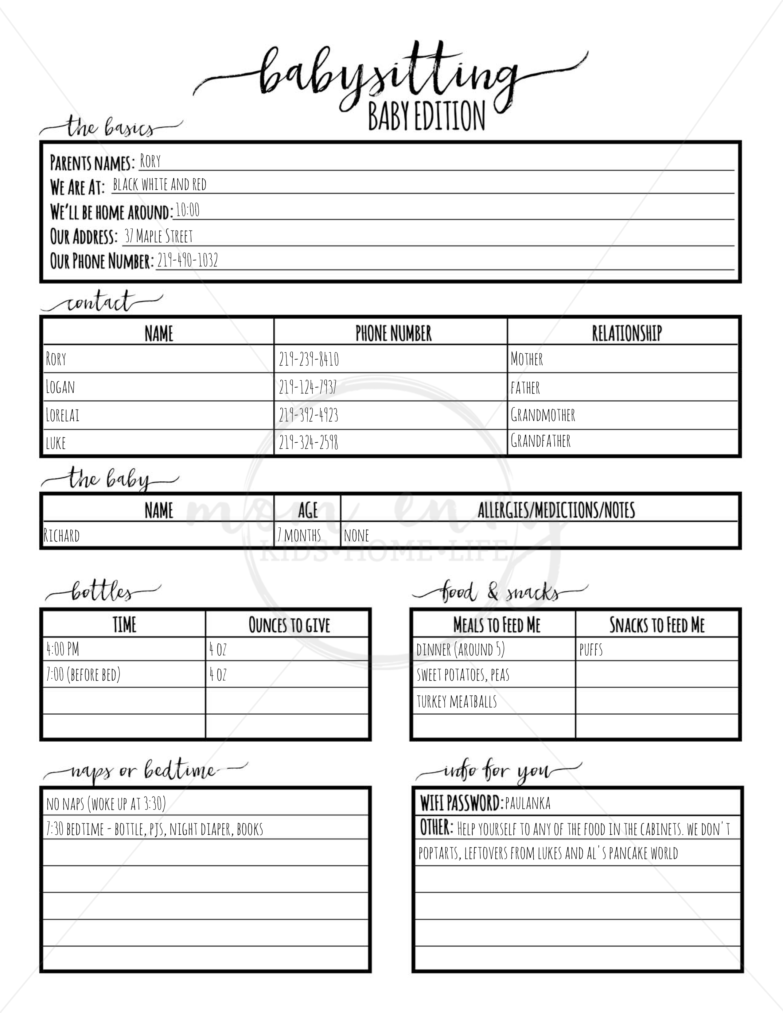 Babysitter Forms Printable Free