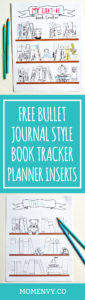 Bullet journal style book tracker from Mom Envy. Free printable. Free printable bullet journal insert. Free Happy Planner inserts. Free planner inserts. Bullet journal style. Book tracker. Printable book tracker. Reading. Bullet Journaling. Bujo. Free Happy Planner Printables