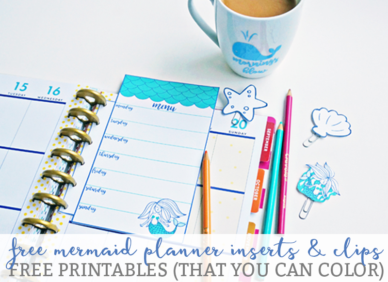 Mermaid Planner Inserts and Clips from Mom Envy. Free printable planner mermaid inserts and free printable mermaid planner clips. Or use as free printable mermaid bookmarks. You can color the mermaid whatever color you'd like. Free PDF, JPEG, and Silhouette files available. Download free mermaid planner accessories.