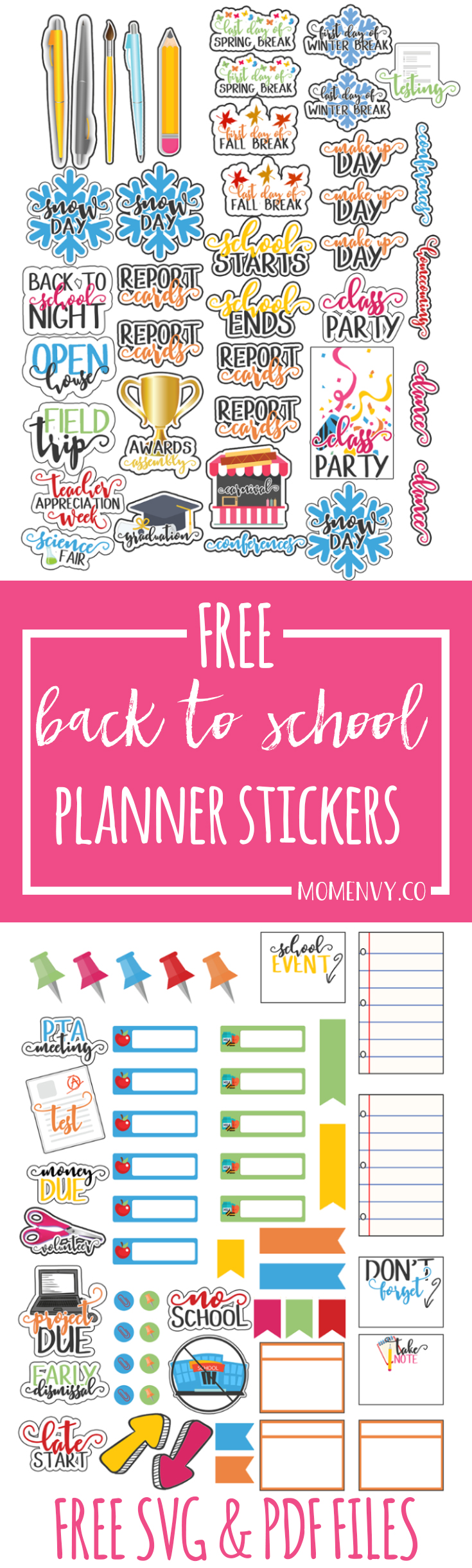 Back to School Planner Stickers - Perfect for Calendars, too! They can be used with any size planner. Free planner stickers for teachers, free planner stickers for parents, and planner free stickers for students. Free Happy Planner stickers. Free Erin Condren stickers. 