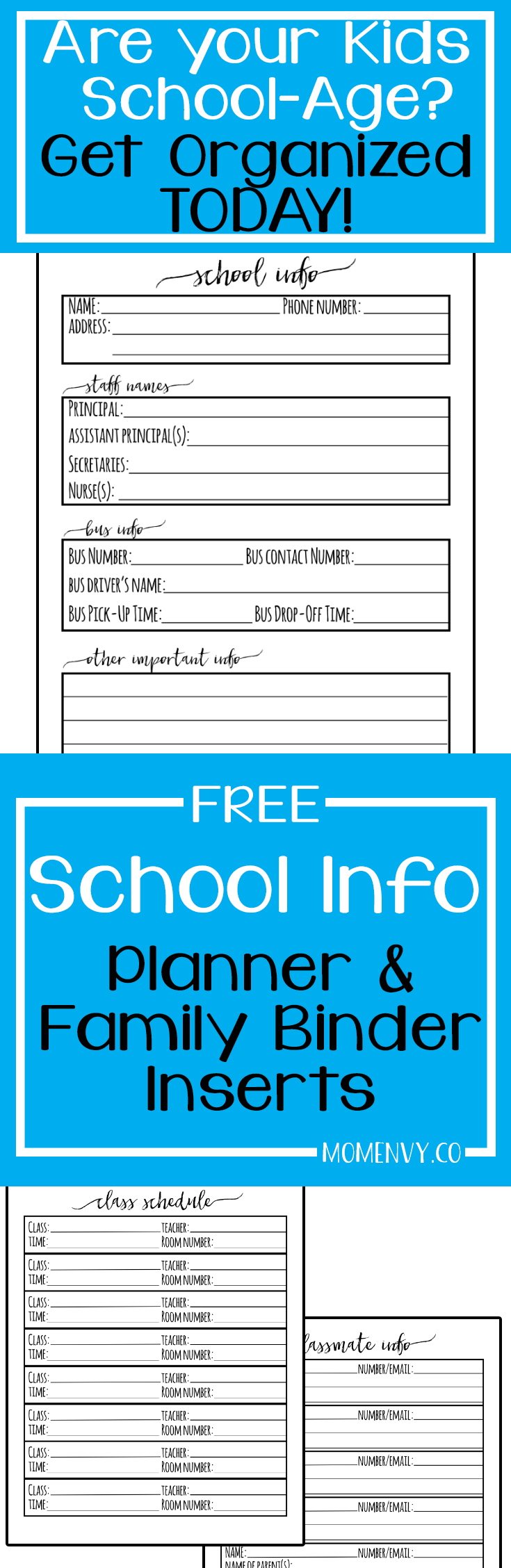 School Planner Inserts - Free Planner and Family Binder Inserts for School. Free family binder printables. Free planner inserts. Free Happy Planner inserts. Free A5 printables. Free school printables for parents. 