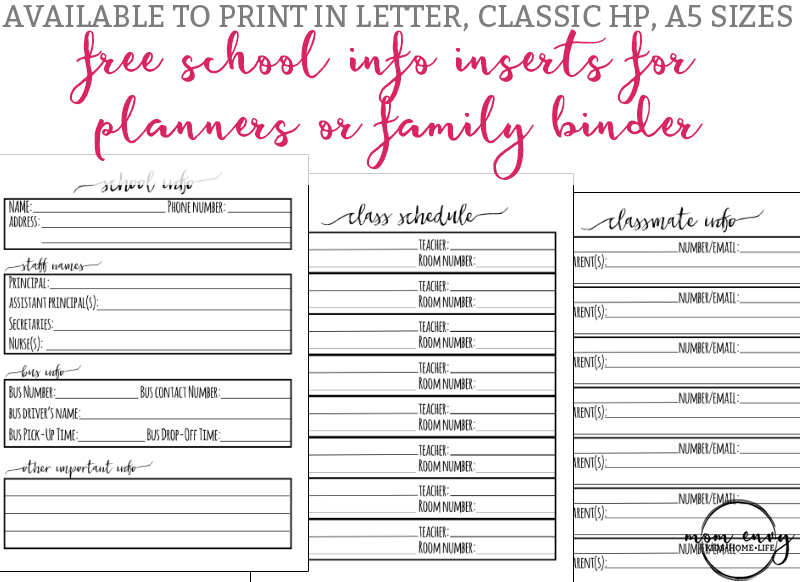 School Planner Inserts - Free Planner and Family Binder Inserts for School. Free family binder printables. Free planner inserts. Free Happy Planner inserts. Free A5 printables. Free school printables for parents.