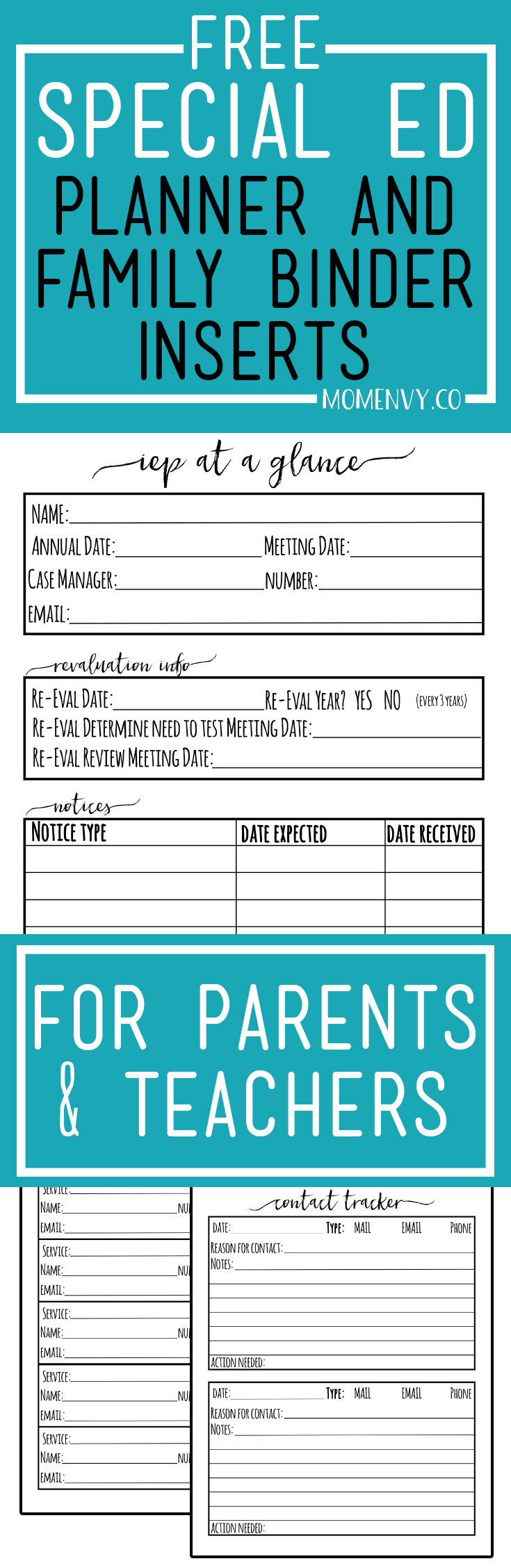 Download these Free Special Education Planner Inserts to create your own IEP binder. Perfect for parents and teachers handling IEPs. These files will help make sure your child (or student) is getting their IEP needs met. #specialed #teachers #specialedteacher