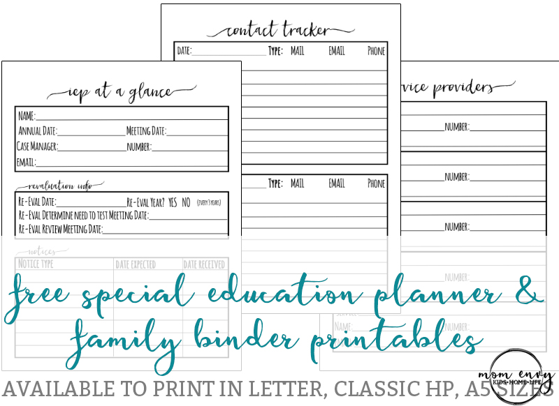 Special Education plannner inserts. Free special education planner inserts. Free special education family binder inserts. IEP at a glance. Free IEP printable. Free IEP guide for parents. Free special education teacher printables. Free teacher printables. Special ed.