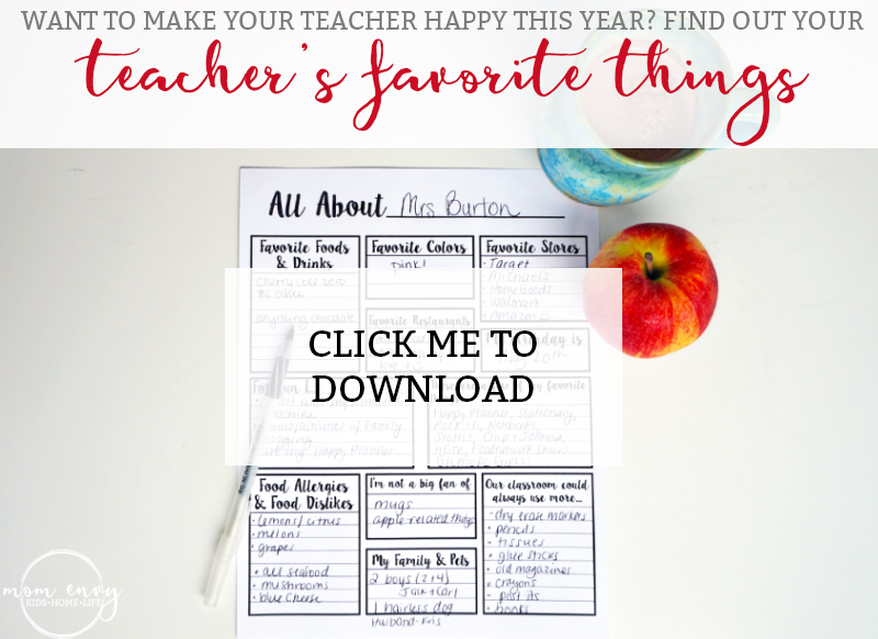 About the Teacher. Want to give your child's teacher a gift they actually want this year? Download these free printable to learn more about your child's teacher's favorite things. Perfect for the PTA, PTSA, Parent Teacher Assosciations. Give your teacher the gift they deserve.