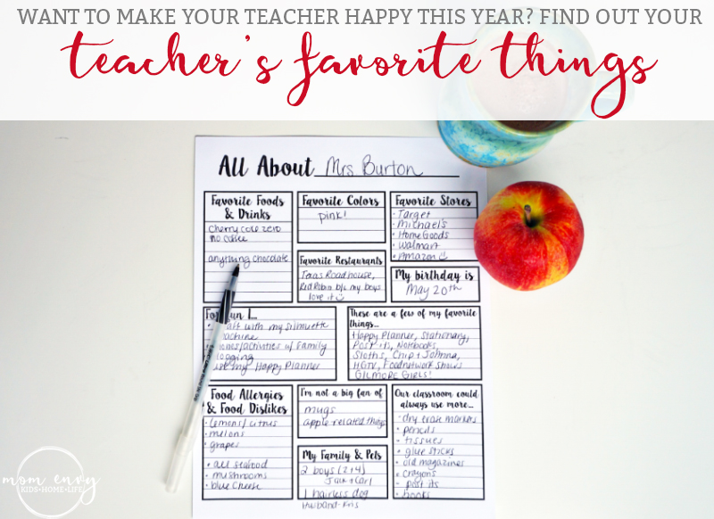 About the Teacher. Want to give your child's teacher a gift they actually want this year? Download these free printable to learn more about your child's teacher's favorite things. Perfect for the PTA, PTSA, Parent Teacher Assosciations. Give your teacher the gift they deserve.