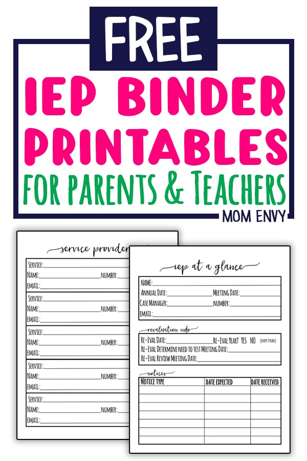 Free IEP Binder Printables. Download these Free Special Education Planner Inserts to create your own IEP binder. Perfect for parents and teachers handling IEPs. These files will help make sure your child (or student) is getting their IEP needs met. #specialed #teachers #specialedteacher