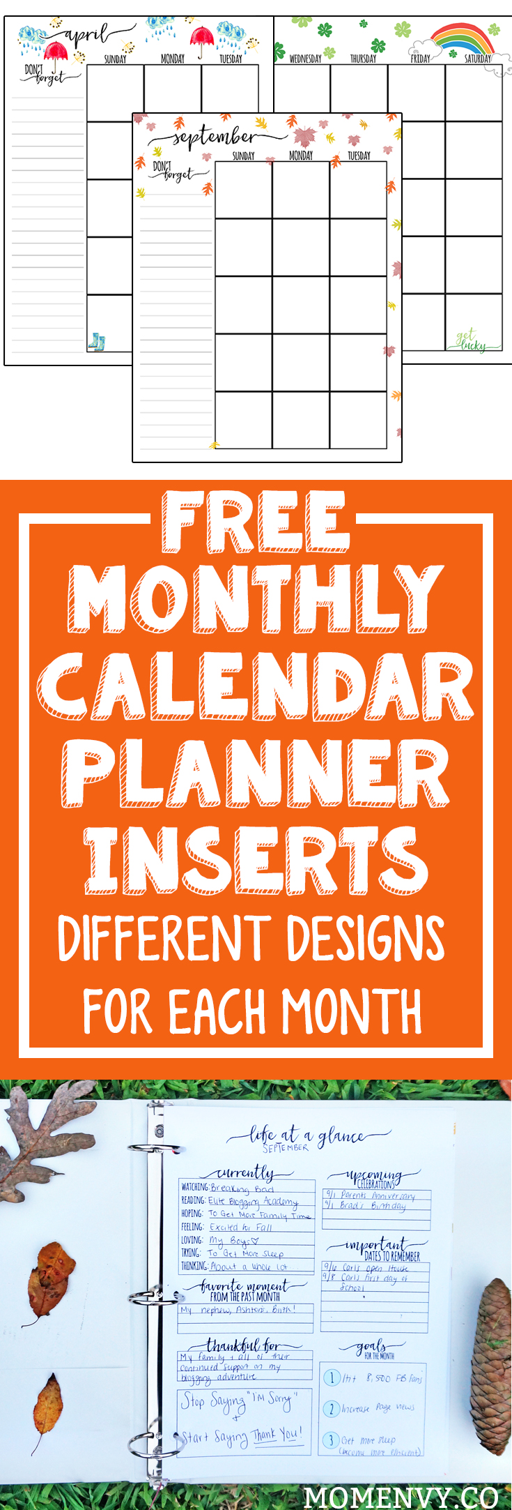 Free Monthly Planner Printables - Different Designs for Each Month. Free Happy Planner Inserts. Free Erin Condren Inserts. Free planner printables. Free planner inserts. Free family binder. From https://momenvy.co