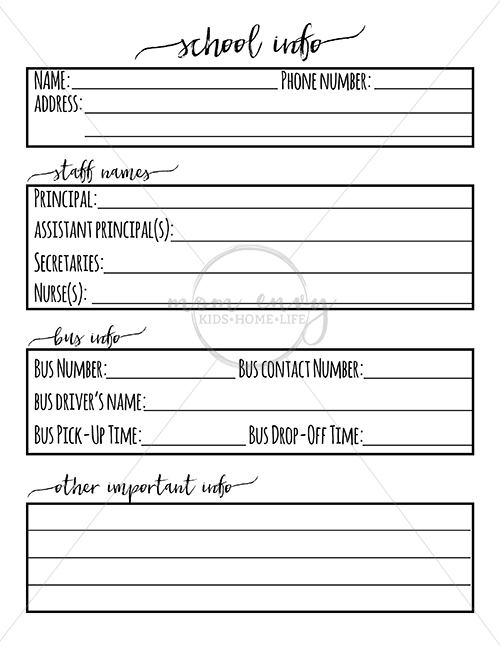 School Information Sheet - Free Planner and Family Binder Inserts for School. Free family binder printables. Free planner inserts. Free Happy Planner inserts. Free A5 printables. Free school printables for parents. 