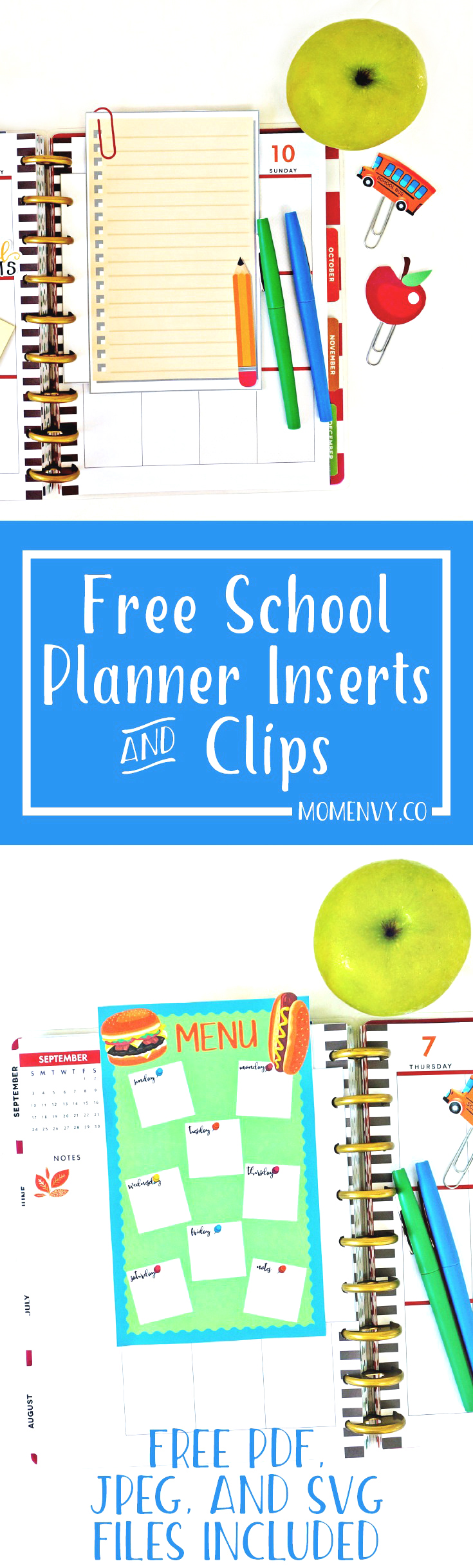 Free school planner inserts and planner clips. Download Free SVG, PDF, and JPEG files. Free Silhouette Planner inserts. Free Cricut planner accessories. Free Happy Planner Inserts.