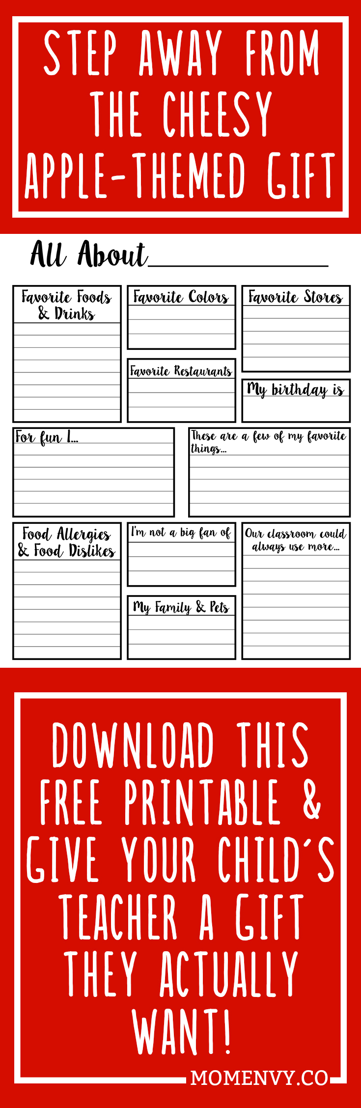 About the Teacher. Want to give your child's teacher a gift they actually want this year? Download these free printable to learn more about your child's teacher's favorite things. Perfect for the PTA, PTSA, Parent Teacher Assosciations. Give your teacher the gift they deserve.