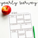 At the top it says free digital & printable teacher's favorite things yearly survey. At the bottom it says customizable option included. Below that is an image of the teachers favorite things form. In the top left corner is an apple and the bottom right corner is a green pen.