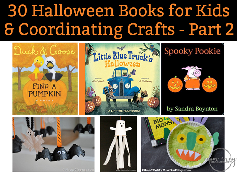 30 Halloween books for kids and coordinating crafts. Part 2 of 30 great books for kids for Halloween and crafts for kids. Fun Halloween activities for kids. Kid-Friendly Halloween stories that aren't spooky. Halloween Crafts for kids. Halloween kids crafts for kids. Halloween kid's books.