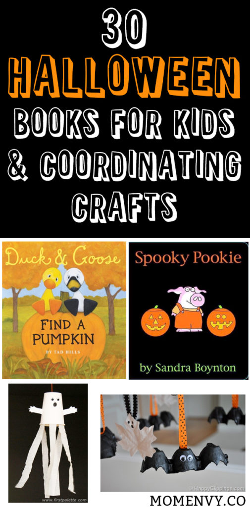 30 Halloween books for kids and coordinating crafts. Part 1 of 30 great books for kids for Halloween and crafts for kids. Fun Halloween activities for kids. Kid-Friendly Halloween stories that aren't spooky. Halloween Crafts for kids. Halloween kids crafts for kids. Halloween kid's books. 