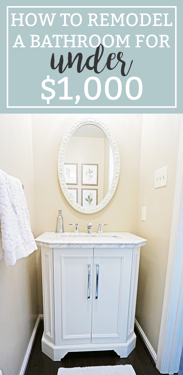 Inexpensive Bathroom Remodel. Find out how we inexpensively made over our bathroom for less than $1,000. It was a cheap bathroom makeover. Download free botanical prints. Fixer Upper inspired free prints. From Mom Envy.