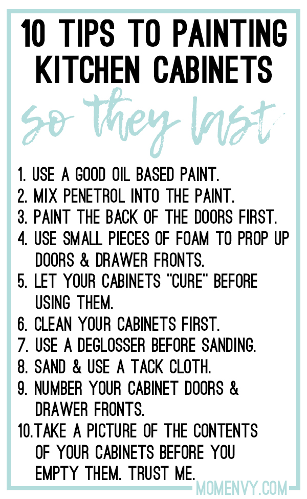 How to Paint Kitchen Cabinets So they Last. I used this method and my cabinets look just as good six years later. If you want a process that will work for years to come, then this method is for you. Learn how to remodel your kitchen and paint your kitchen cabinet with these easy steps. From Mom Envy.