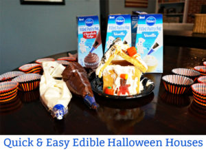 Edible Halloween Houses using Pillsbury Frosting Bags. Make Halloween fun quick and easy this year. Build memories with your children (and their friends!) this quick and easy Halloween activity. This Halloween Recipe for Kids is perfect to have some Halloween fun without all of the mess.