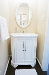 Inexpensive Bathroom Remodel. Find out how we inexpensively made over our bathroom for less than $1,000. It was a cheap bathroom makeover. Download free botanical prints. Fixer Upper inspired free prints. From Mom Envy.