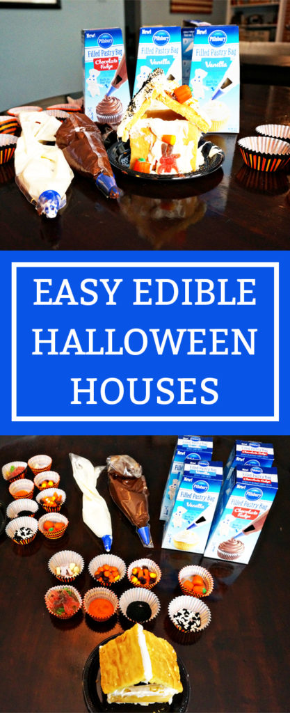 Edible Halloween Houses using Pillsbury Frosting Bags. Make Halloween fun quick and easy this year. Build memories with your children (and their friends!) this quick and easy Halloween activity. This Halloween Recipe for Kids is perfect to have some Halloween fun without all of the mess.