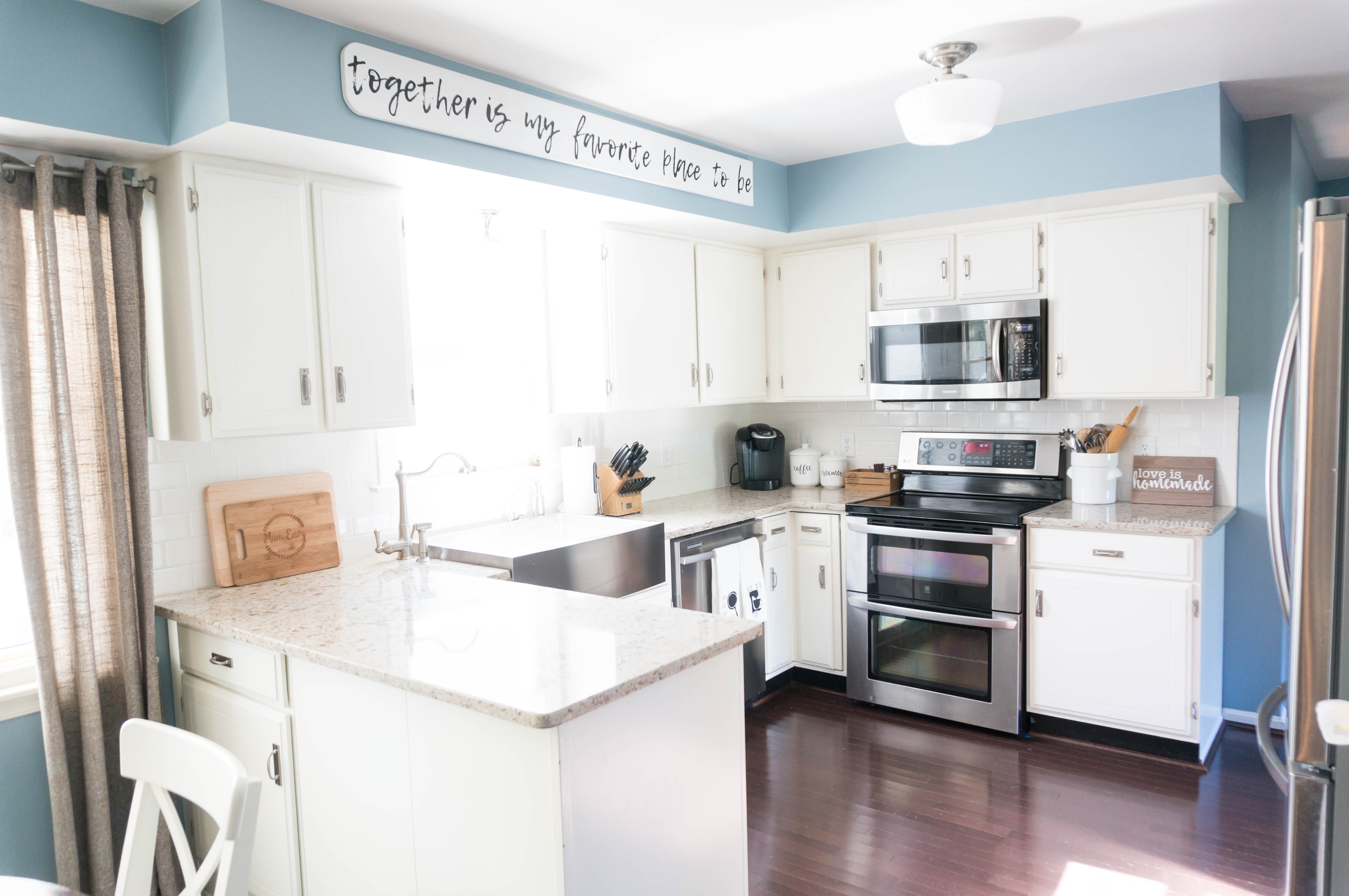 Farmhouse Kitchen. See how a 1980's kitchen was turned into a farmhouse kitchen. It was an inexpensive kitchen remodel.